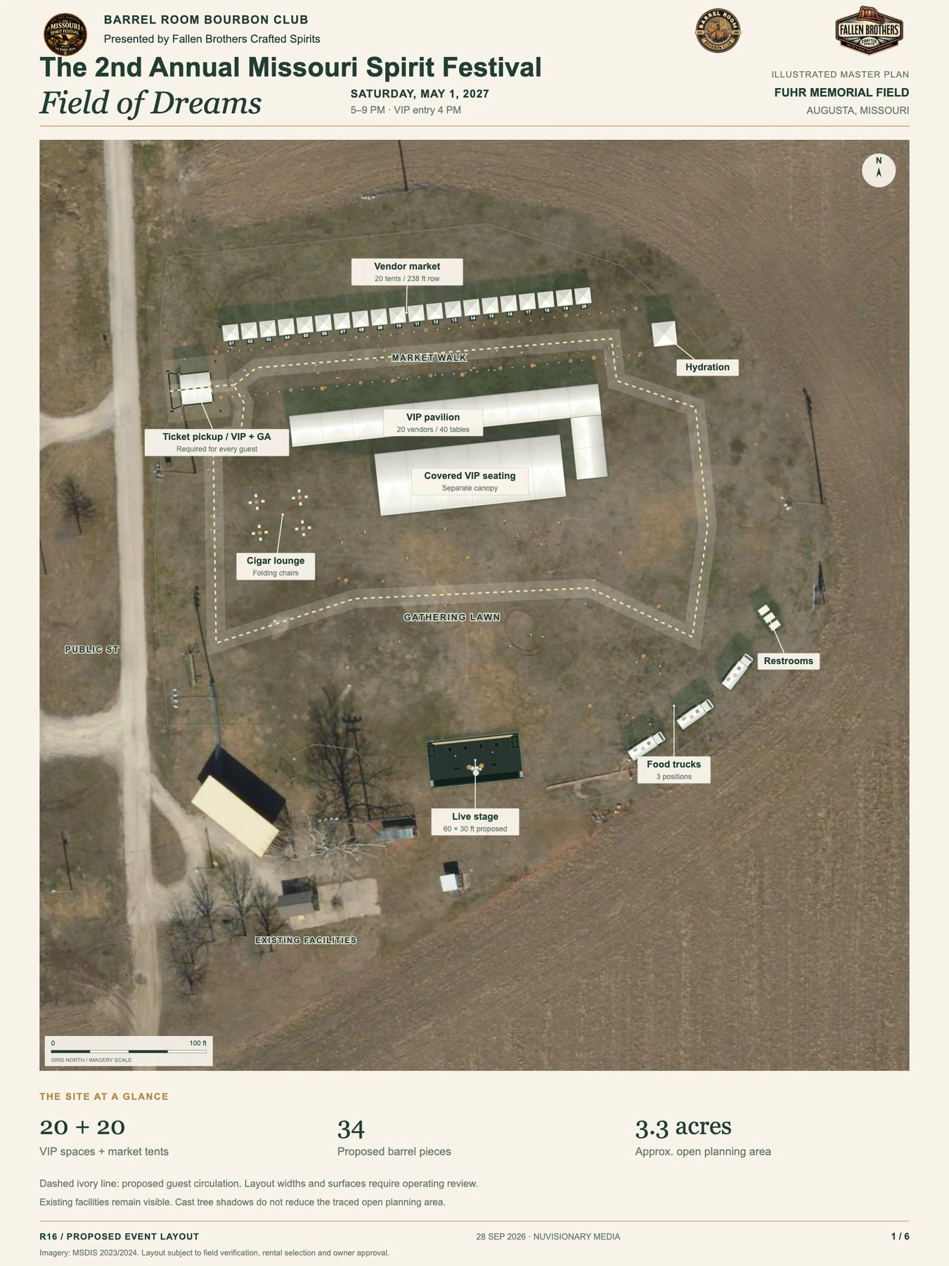 Complete R16 festival planning map, north up with Public Street on the left; one shared check-in, market tents, VIP pavilion and seating, lounge, hydration, restrooms, food trucks and southern stage